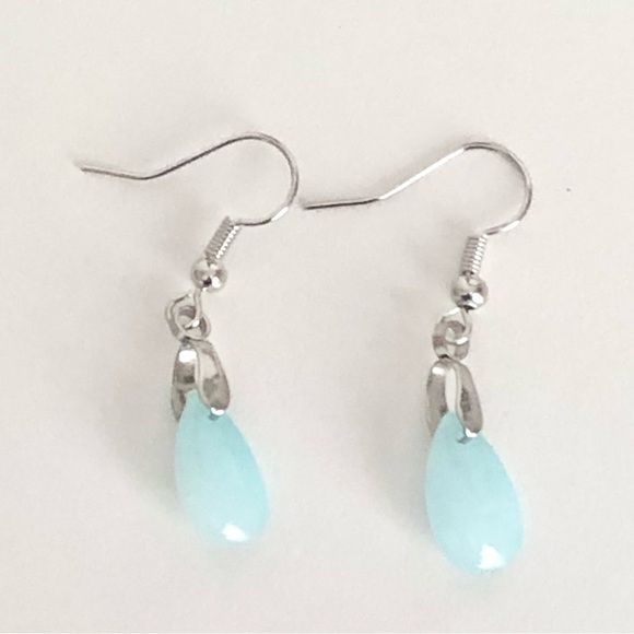 New Pale Pastel Blue Glass Teardrop Dangling Earrings Handmade Water Droplet - Picture 5 of 8